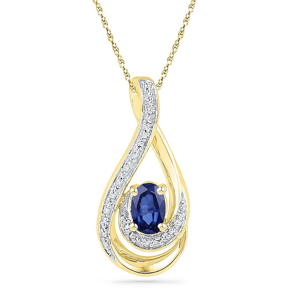 Image of ID 1 10k Yellow Gold Oval Created Blue Sapphire Solitaire Diamond Pendant 02 Cttw