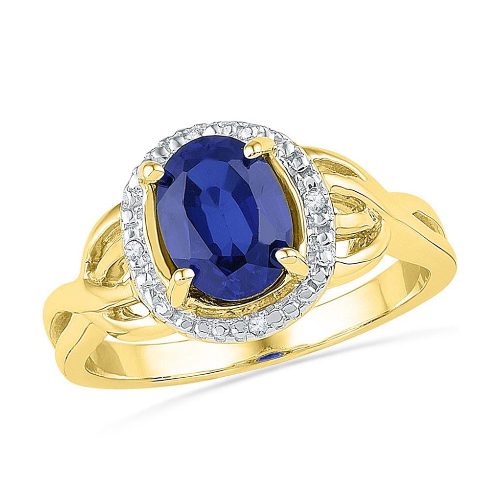 Image of ID 1 10k Yellow Gold Oval Created Blue Sapphire Solitaire Diamond Ring 02 Cttw
