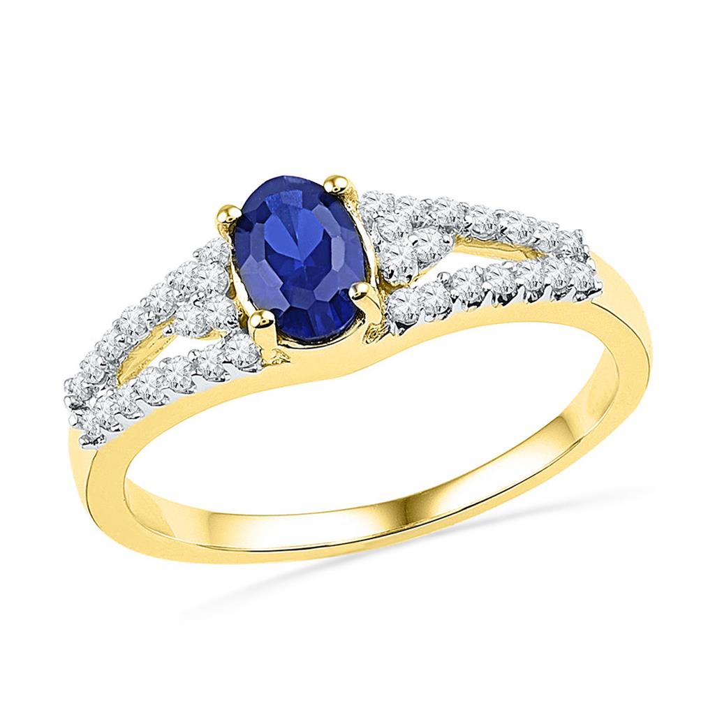 Image of ID 1 10k Yellow Gold Oval Created Blue Sapphire Solitaire Diamond Ring 1 Cttw