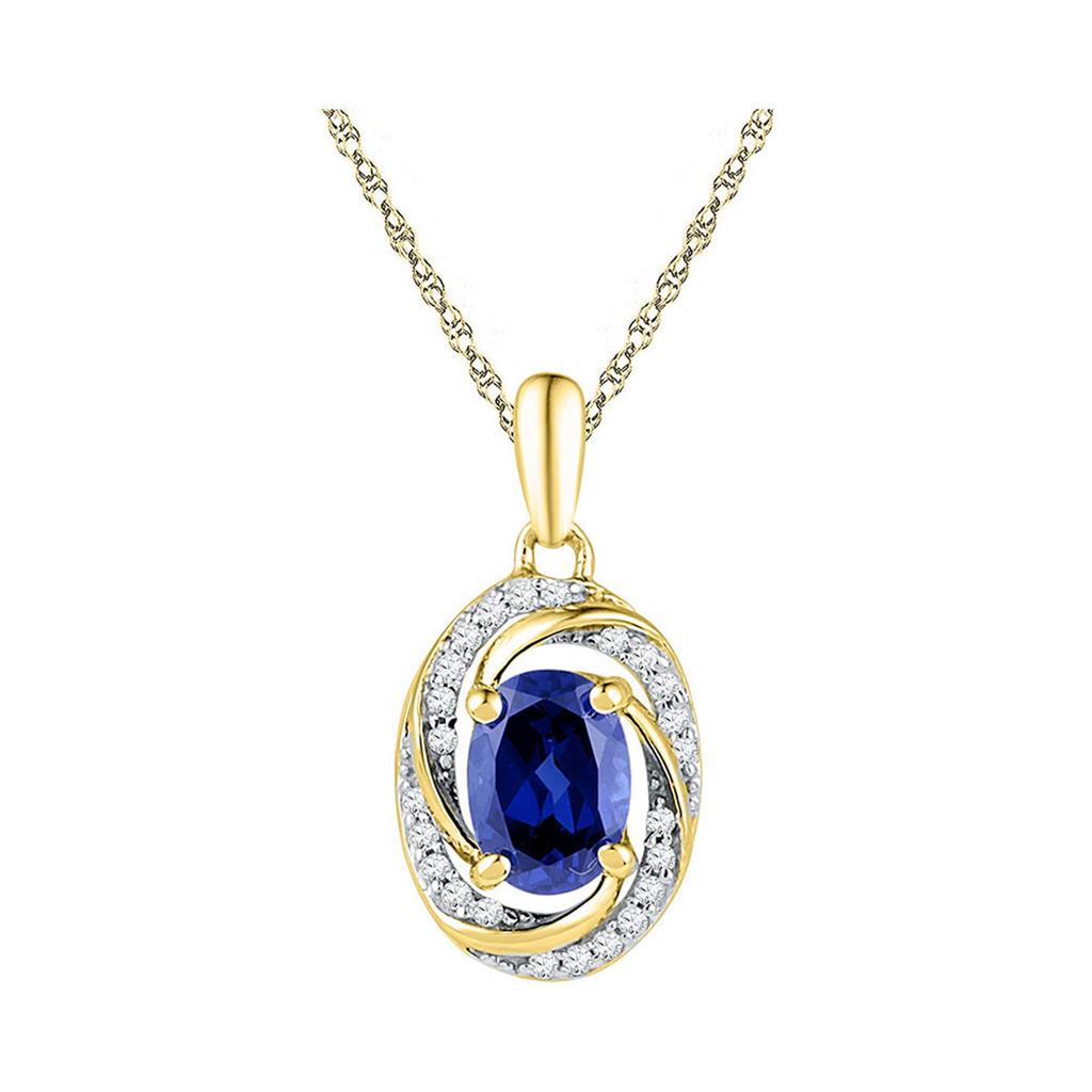 Image of ID 1 10k Yellow Gold Oval Created Blue Sapphire Solitaire Pendant 1-1/3 Cttw