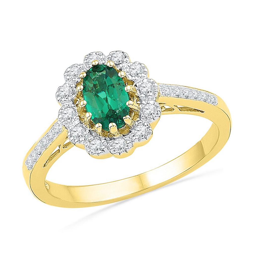 Image of ID 1 10k Yellow Gold Oval Created Emerald Diamond Solitaire Ring 7/8 Cttw