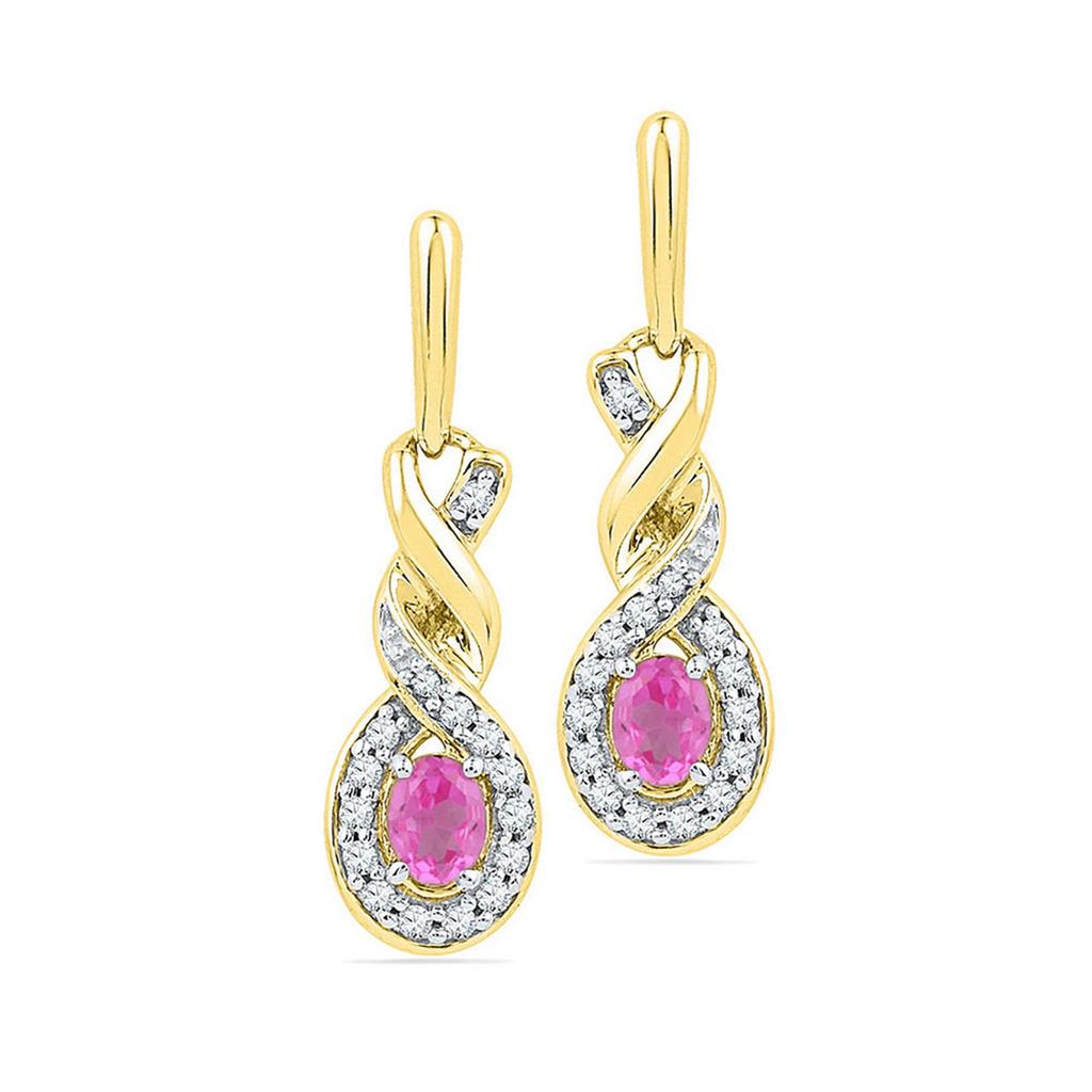 Image of ID 1 10k Yellow Gold Oval Created Pink Sapphire Twist Dangle Earrings 5/8 Cttw