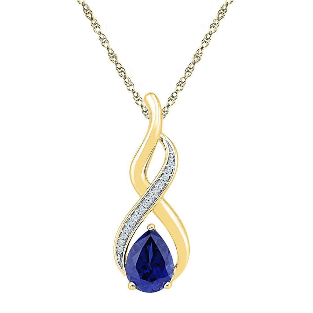 Image of ID 1 10k Yellow Gold Pear Created Blue Sapphire Solitaire Diamond Pendant 1-4/5 Cttw