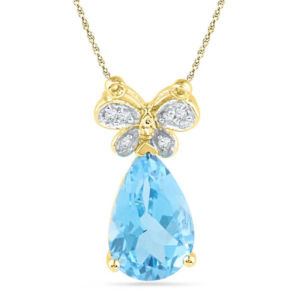 Image of ID 1 10k Yellow Gold Pear Created Blue Topaz Butterfly Diamond Pendant 2-1/2 Cttw