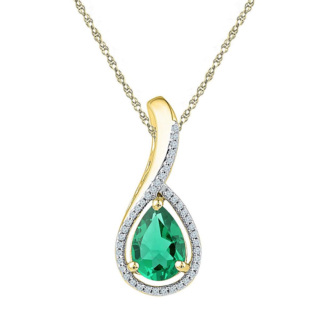 Image of ID 1 10k Yellow Gold Pear Created Emerald Solitaire Diamond Pendant 2 Cttw
