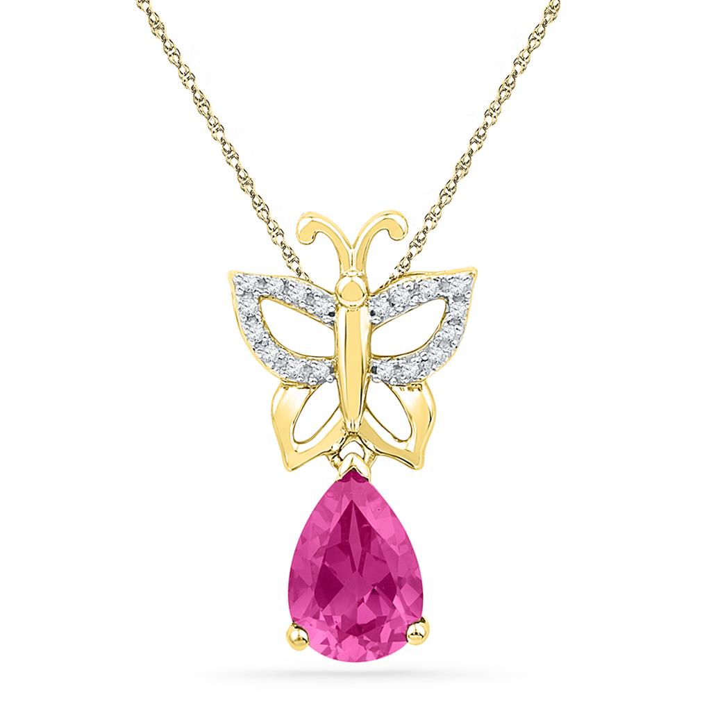 Image of ID 1 10k Yellow Gold Pear Created Pink Sapphire Butterfly Bug Pendant 2-3/4 Cttw