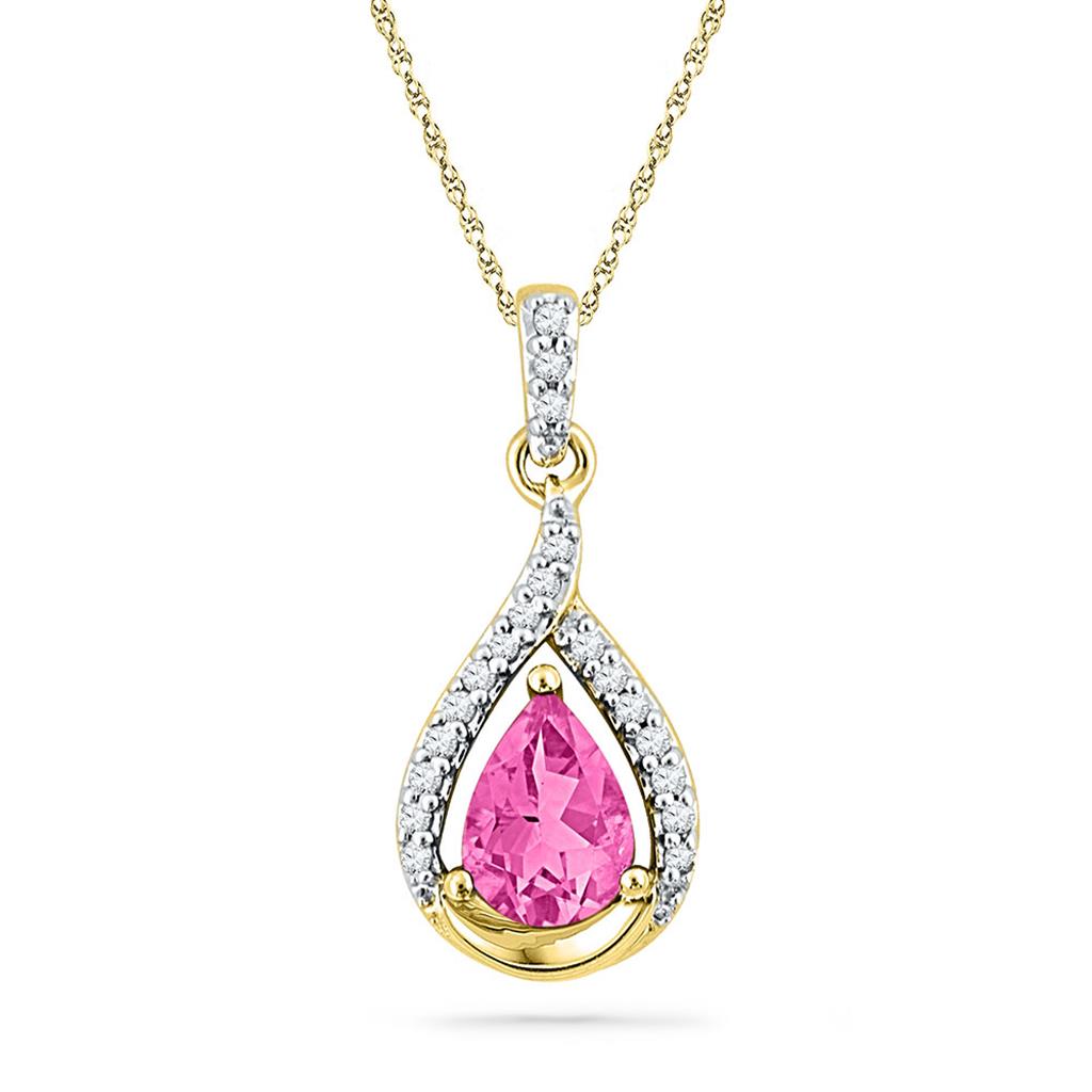 Image of ID 1 10k Yellow Gold Pear Created Pink Sapphire Solitaire Diamond Pendant 1-5/8 Cttw