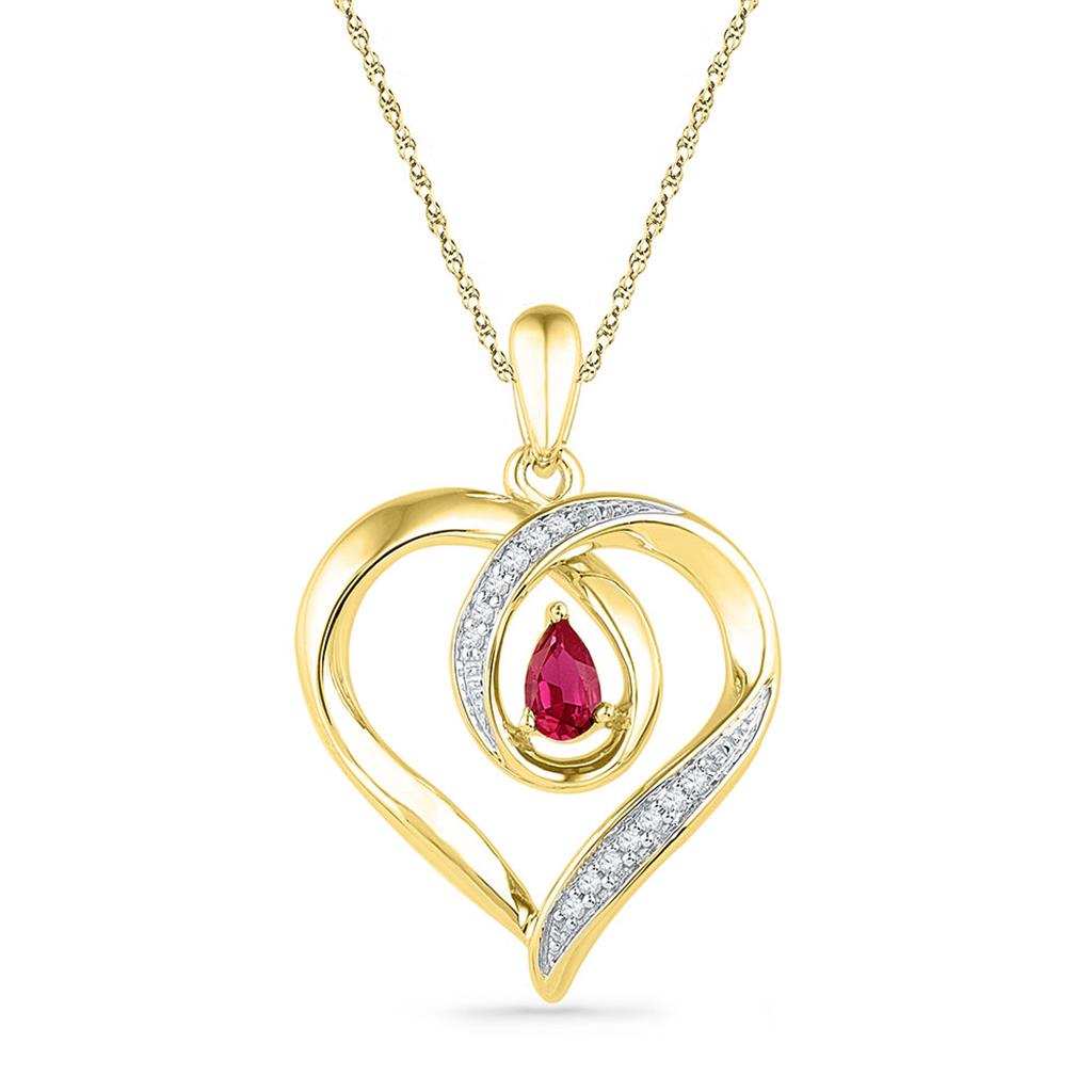 Image of ID 1 10k Yellow Gold Pear Created Ruby Diamond Heart Pendant 1/20 Cttw