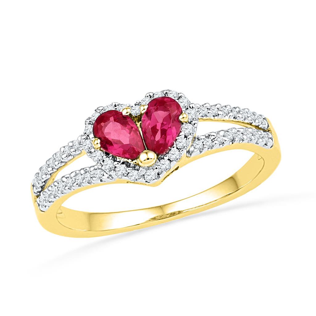 Image of ID 1 10k Yellow Gold Pear Created Ruby Heart Split-shank Ring 3/4 Cttw