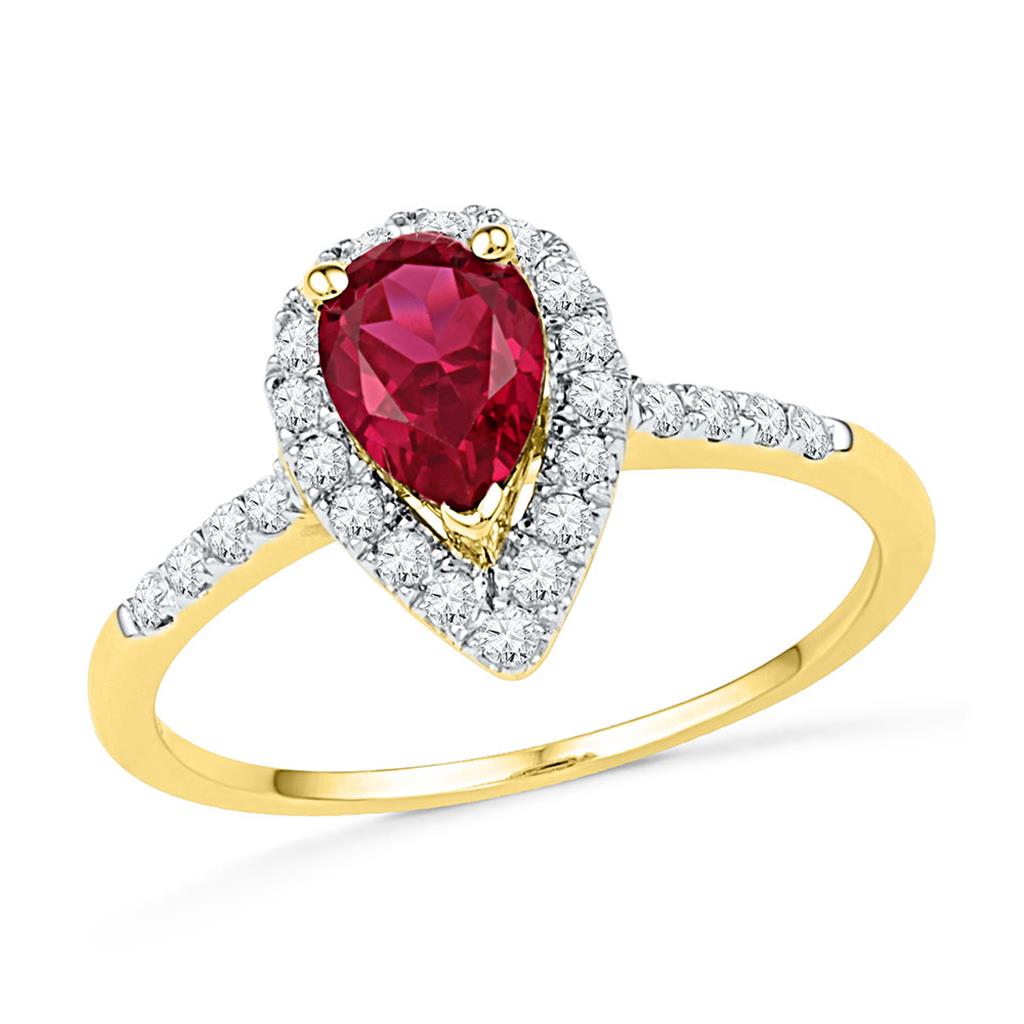 Image of ID 1 10k Yellow Gold Pear Created Ruby Solitaire Diamond Frame Ring 1-1/5 Cttw