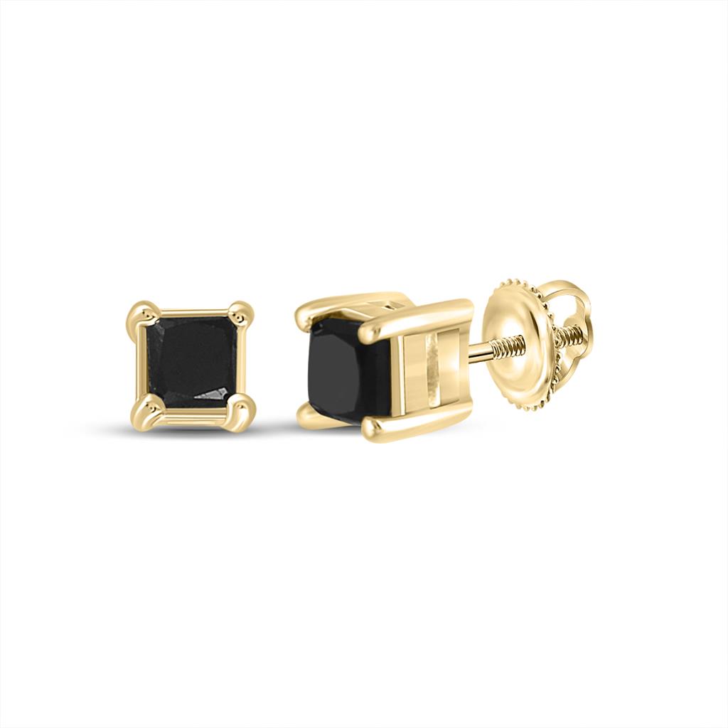 Image of ID 1 10k Yellow Gold Princess Black Diamond Solitaire Earrings 3/4 Cttw