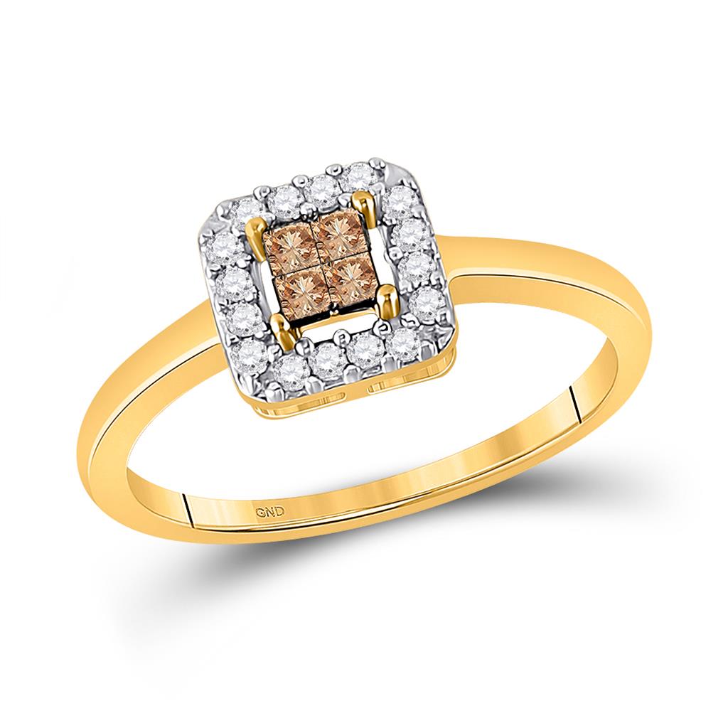 Image of ID 1 10k Yellow Gold Princess Brown Diamond Square Cluster Halo Ring 1/4 Cttw