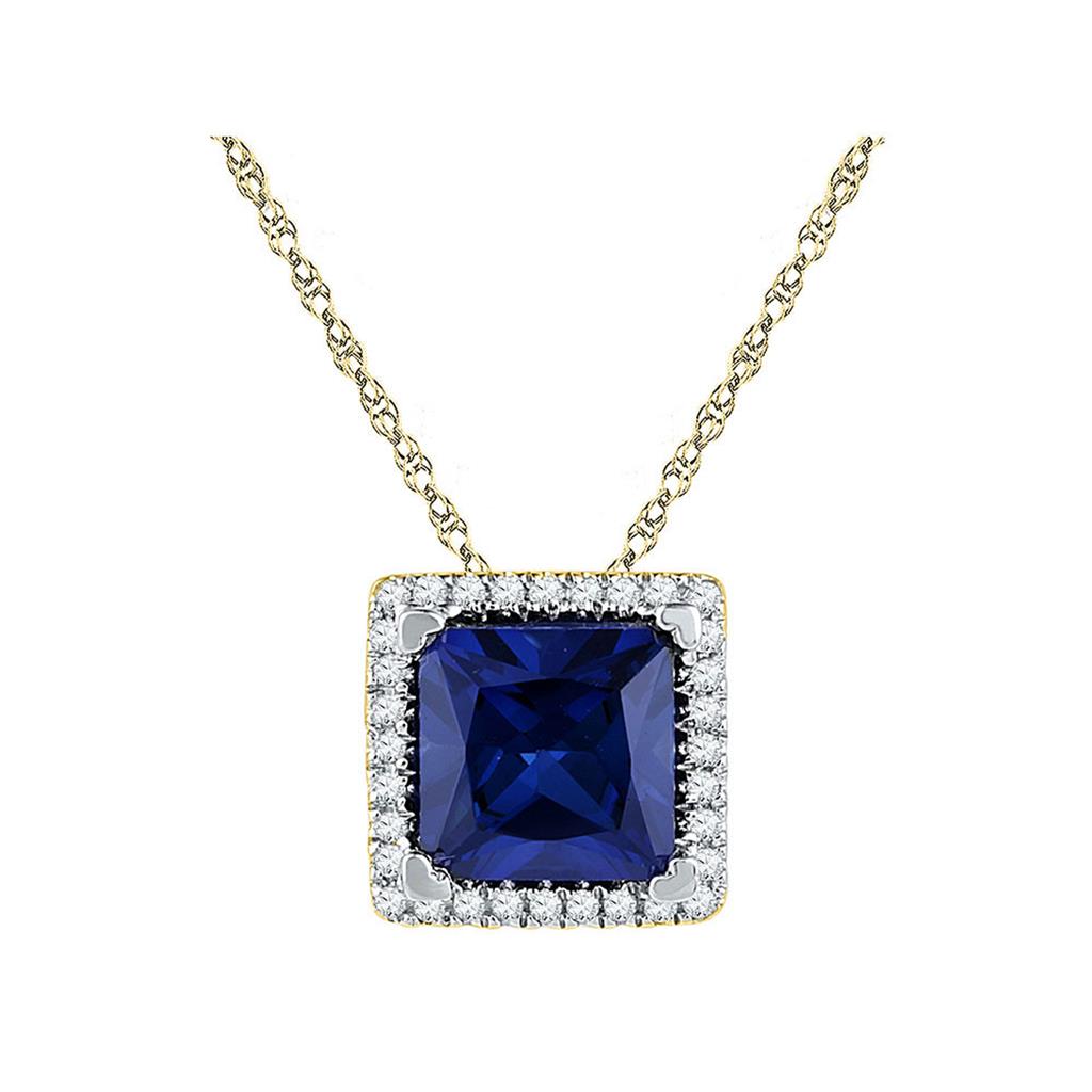 Image of ID 1 10k Yellow Gold Princess Created Blue Sapphire Solitaire Pendant 1-7/8 Cttw
