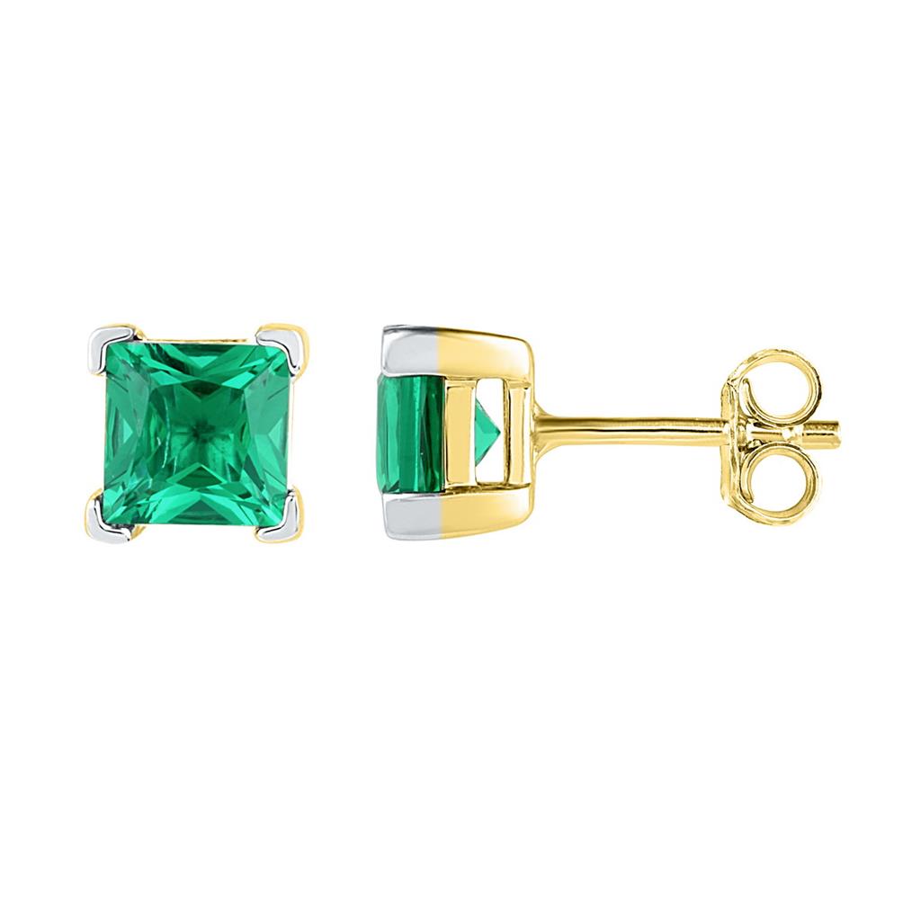 Image of ID 1 10k Yellow Gold Princess Created Emerald Solitaire Earrings 2 Cttw