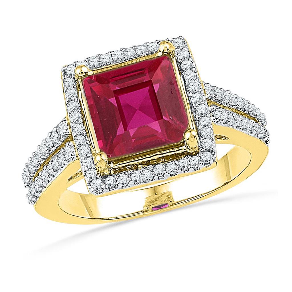 Image of ID 1 10k Yellow Gold Princess Created Ruby Solitaire Diamond Ring 1/3 Cttw