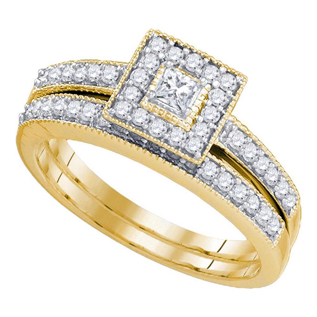Image of ID 1 10k Yellow Gold Princess Diamond Halo Bridal Wedding Ring Set 1/2 Cttw