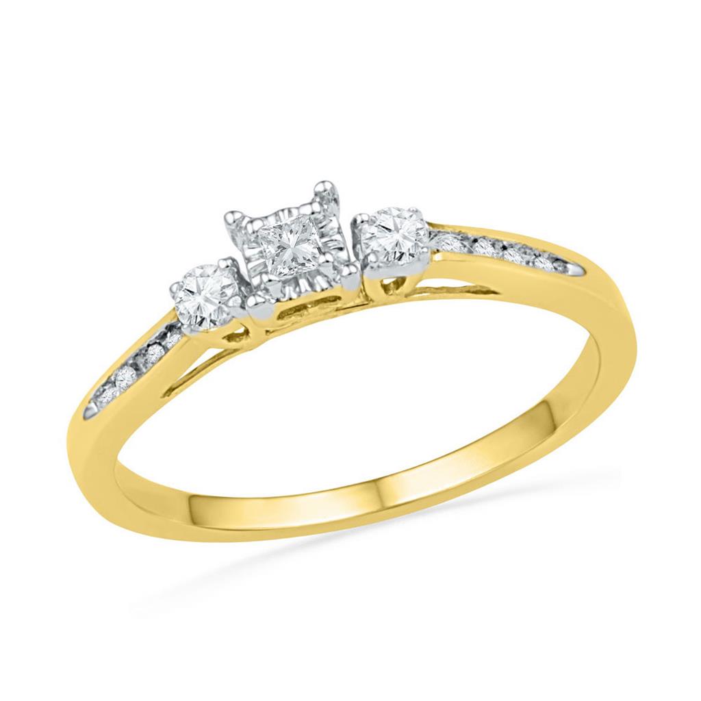 Image of ID 1 10k Yellow Gold Princess Round Diamond 3-stone Bridal Engagement Ring 1/6 Cttw