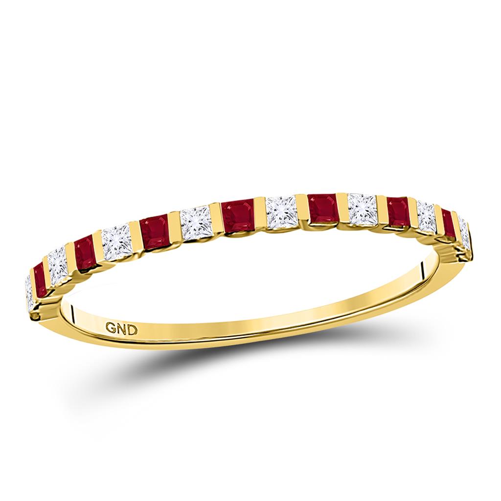 Image of ID 1 10k Yellow Gold Princess Ruby Diamond Alternating Stackable Band Ring 3/8 Cttw
