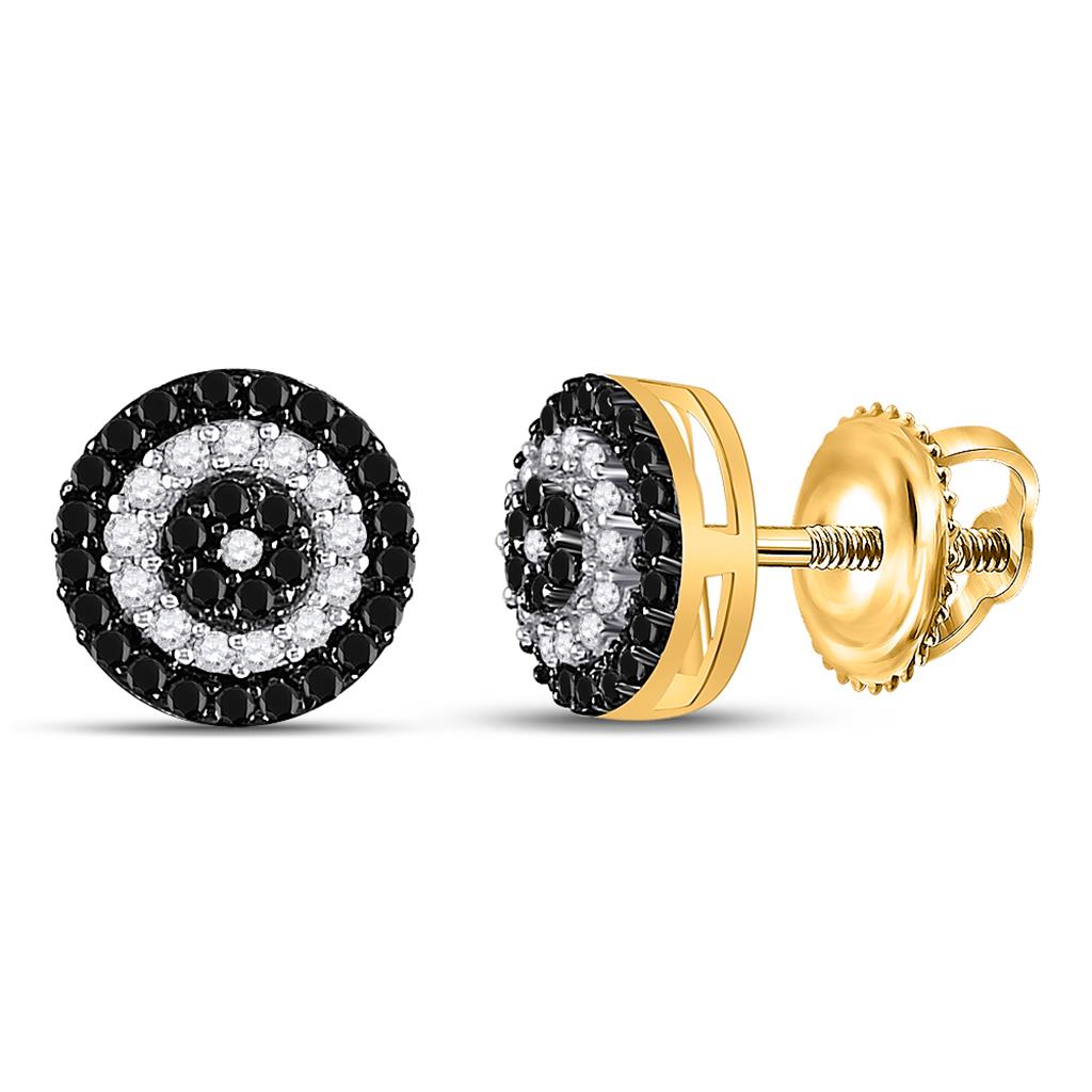 Image of ID 1 10k Yellow Gold Round Black Diamond Cluster Earrings 1/4 Cttw