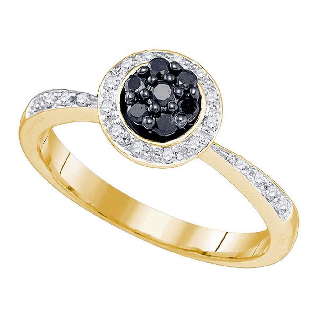 Image of ID 1 10k Yellow Gold Round Black Diamond Cluster Promise Ring 1/4 Cttw