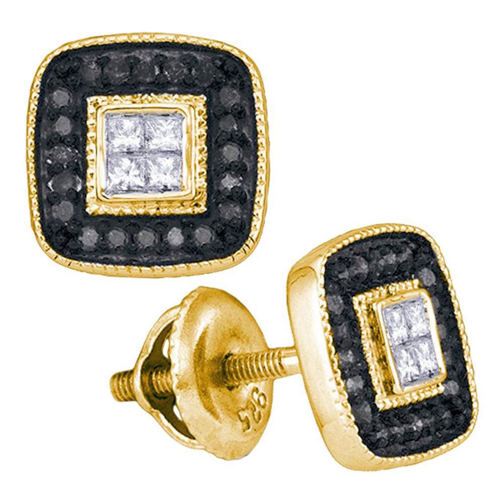 Image of ID 1 10k Yellow Gold Round Black Diamond Square Cluster Earrings 1/3 Cttw