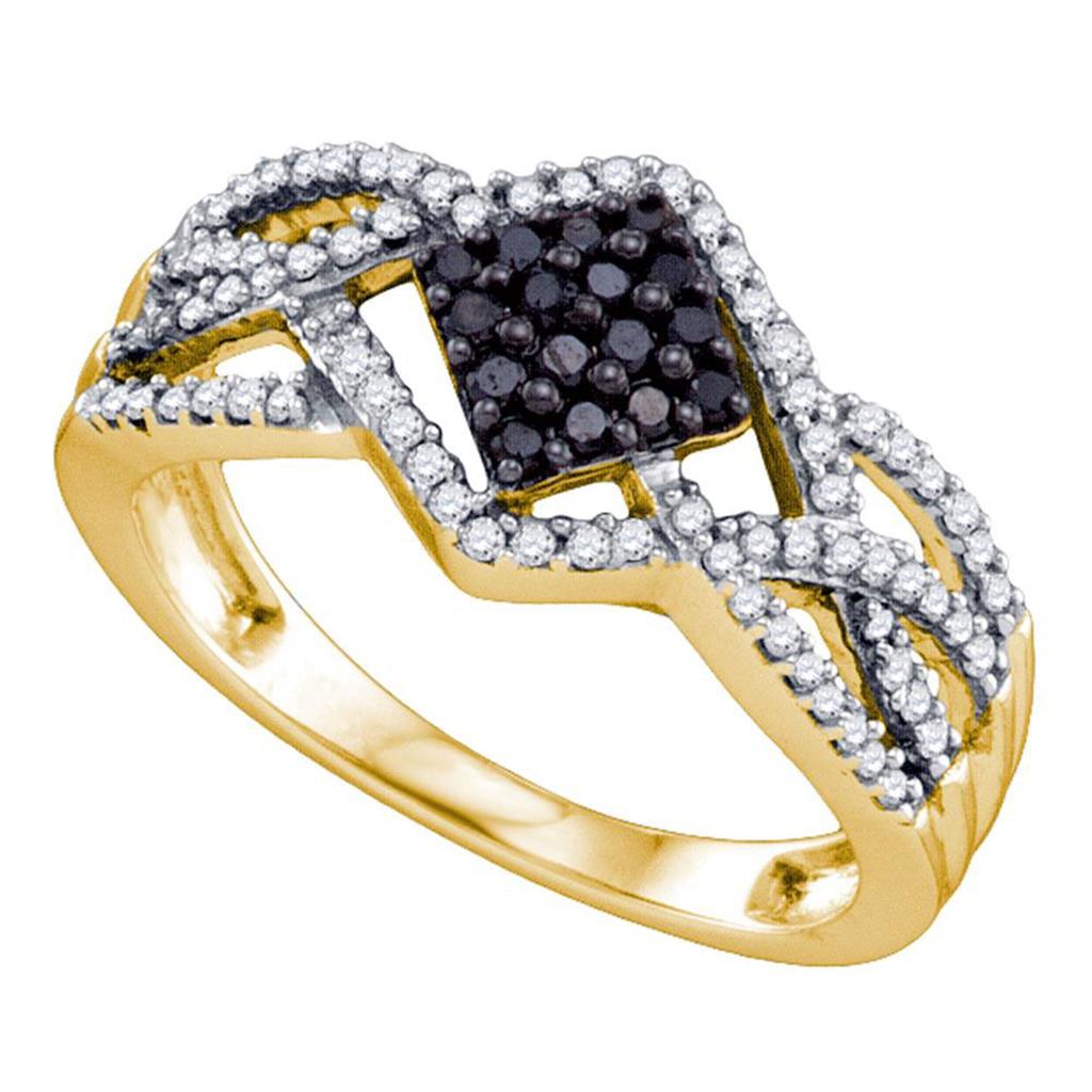 Image of ID 1 10k Yellow Gold Round Black Diamond Square Cluster Ring 1/3 Cttw