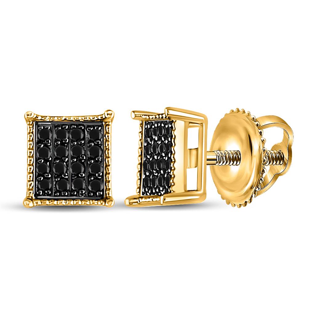 Image of ID 1 10k Yellow Gold Round Black Diamond Square Stud Earrings 1/10 Cttw