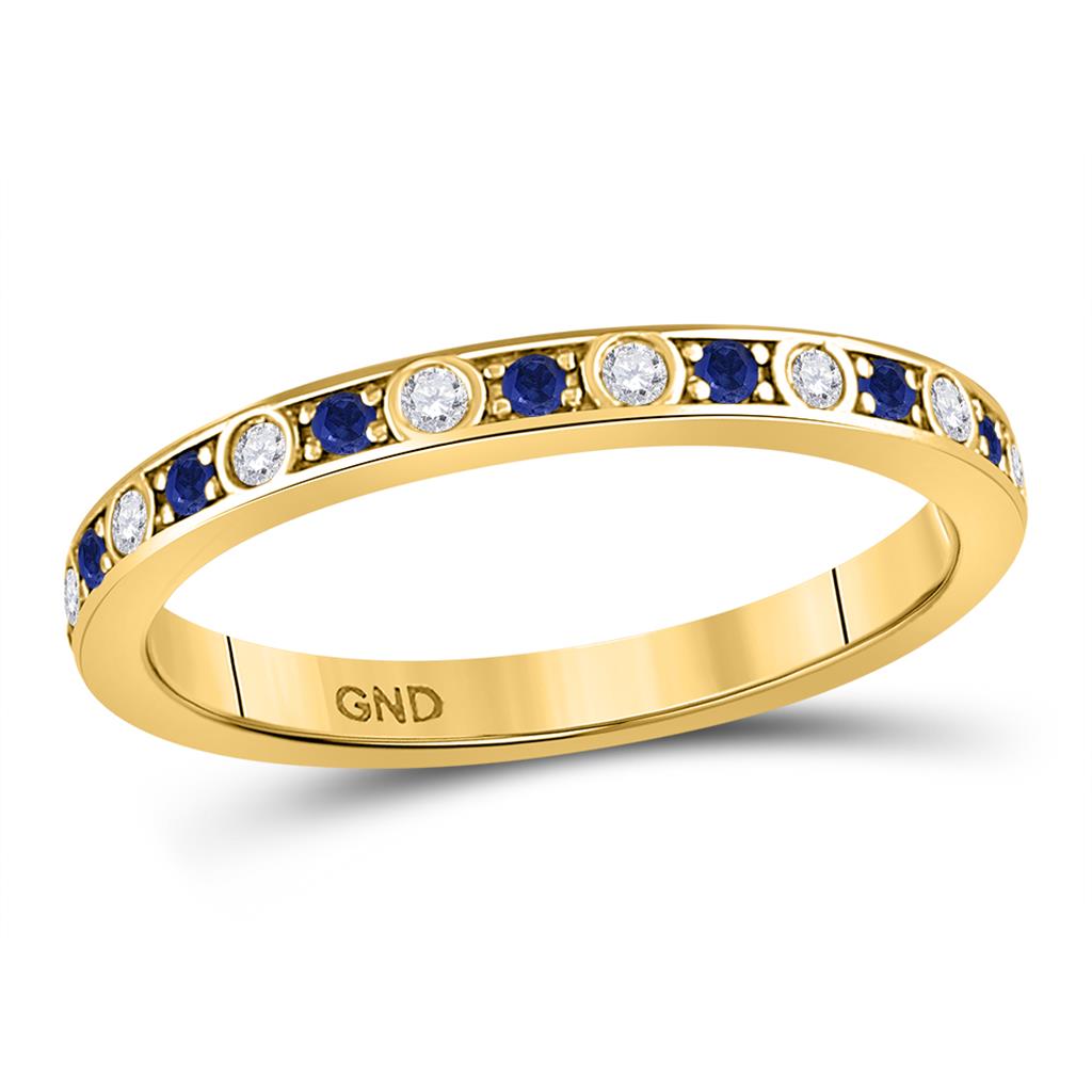 Image of ID 1 10k Yellow Gold Round Blue Sapphire Diamond Alternating Stackable Band Ring 1/4 Cttw