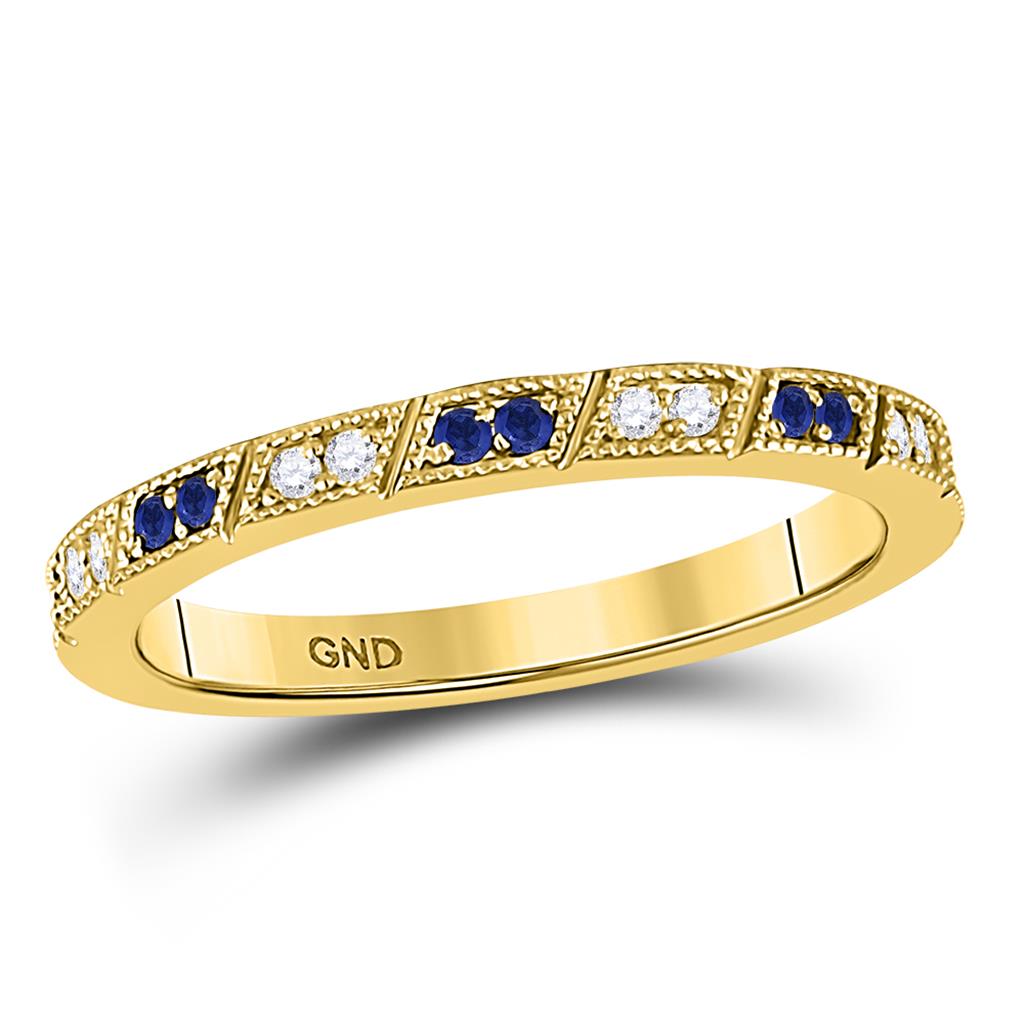 Image of ID 1 10k Yellow Gold Round Blue Sapphire Diamond Milgrain Stackable Band Ring 1/4 Cttw