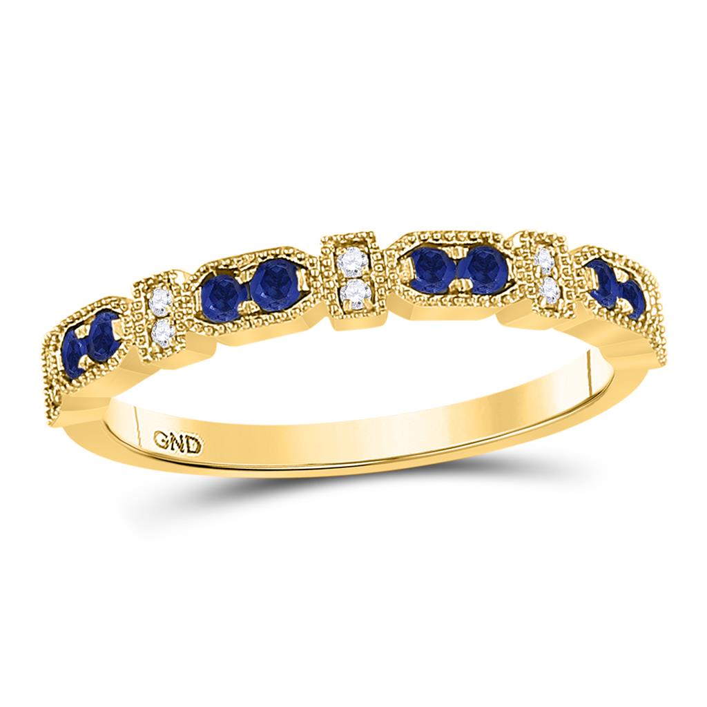 Image of ID 1 10k Yellow Gold Round Blue Sapphire Diamond Stackable Band Ring 1/4 Cttw