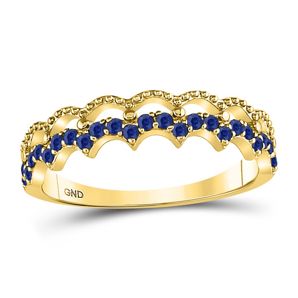 Image of ID 1 10k Yellow Gold Round Blue Sapphire Scalloped Stackable Band Ring 1/4 Cttw