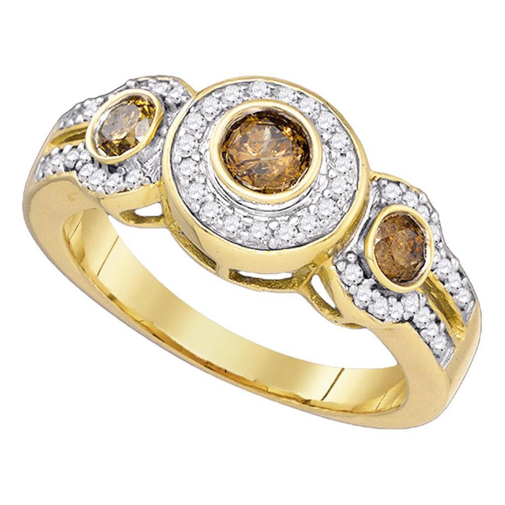 Image of ID 1 10k Yellow Gold Round Brown Diamond 3-stone Bridal Engagement Ring 3/4 Cttw