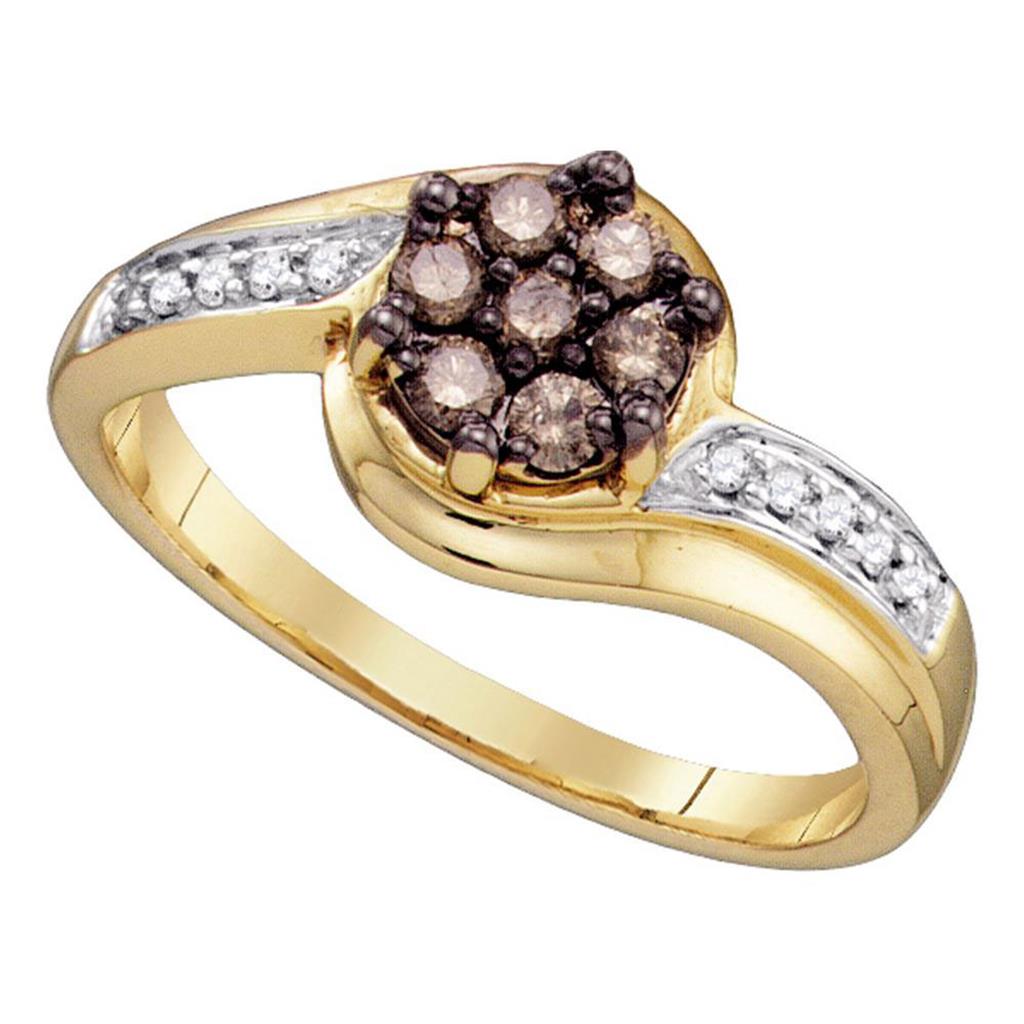 Image of ID 1 10k Yellow Gold Round Brown Diamond Flower Cluster Ring 1/3 Cttw