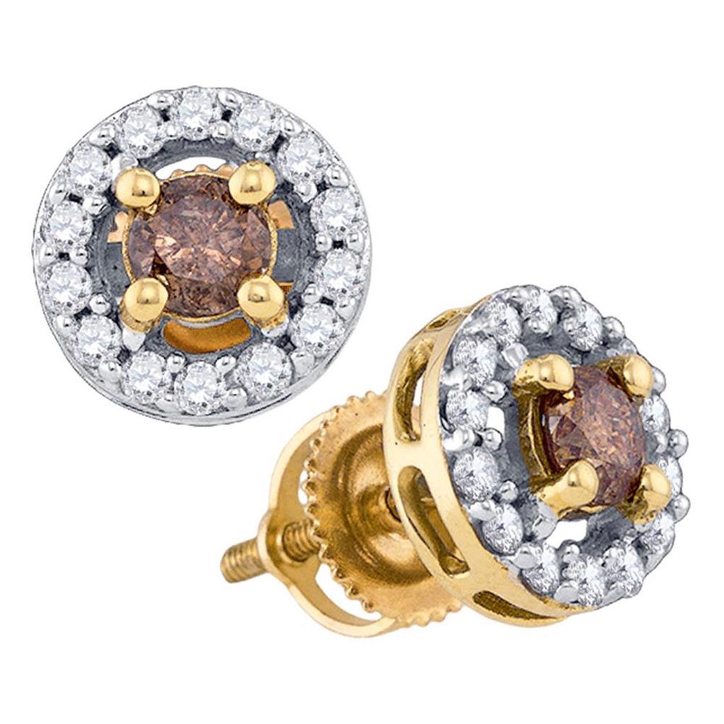 Image of ID 1 10k Yellow Gold Round Brown Diamond Halo Stud Earrings 3/4 Cttw