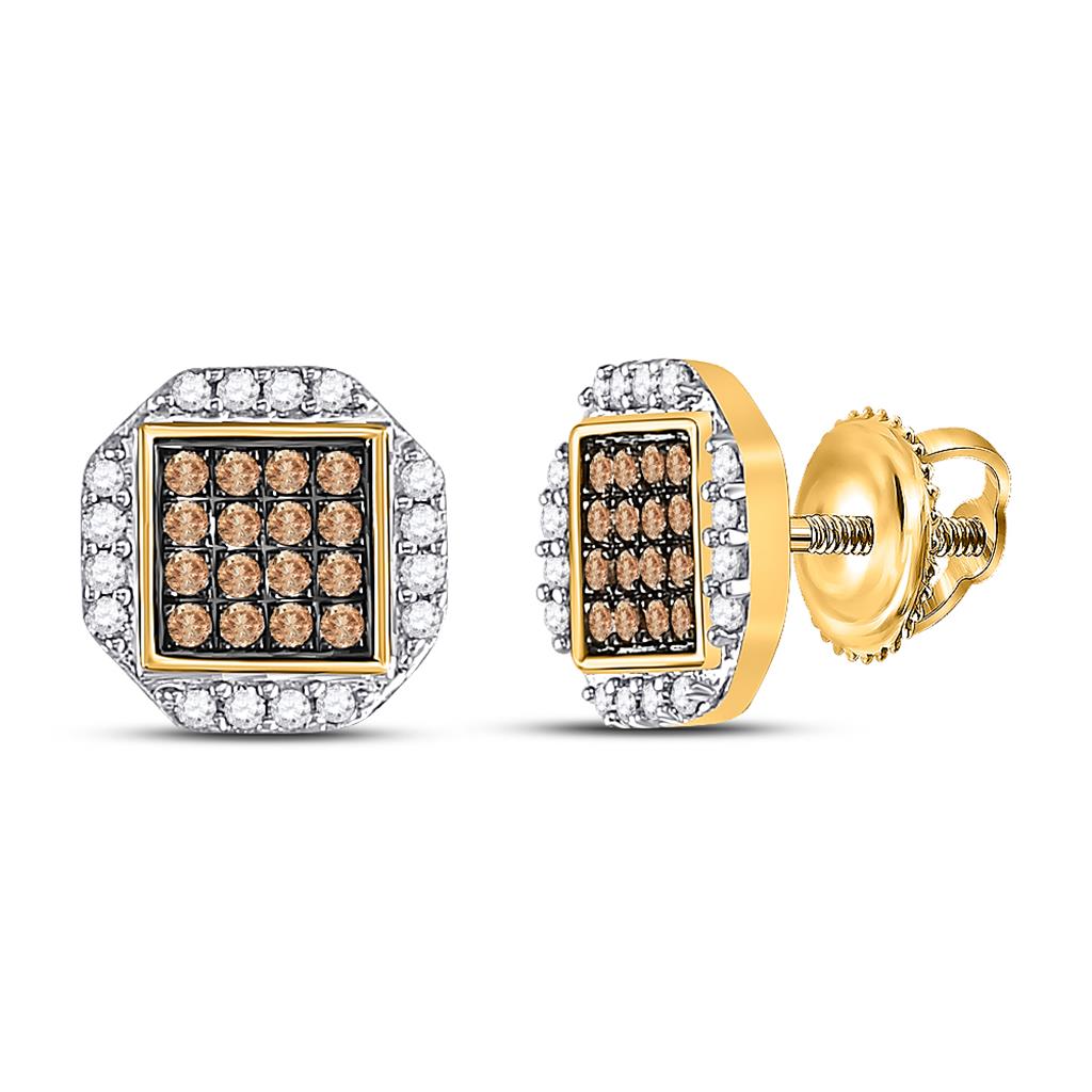 Image of ID 1 10k Yellow Gold Round Brown Diamond Octagon Cluster Earrings 3/8 Cttw