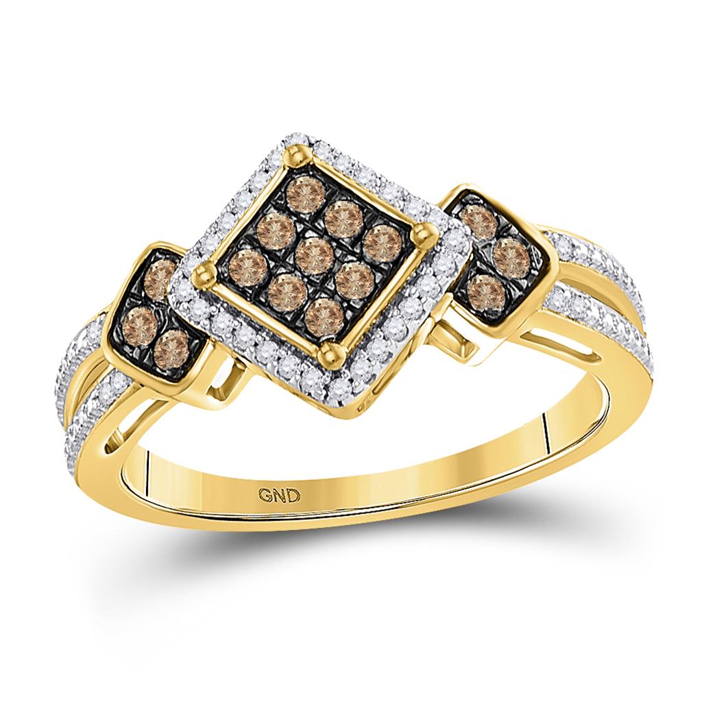 Image of ID 1 10k Yellow Gold Round Brown Diamond Offset Square Ring 1/3 Cttw