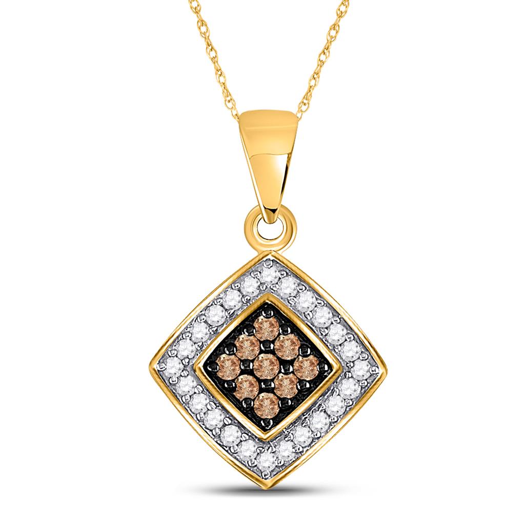 Image of ID 1 10k Yellow Gold Round Brown Diamond Square Pendant 1/4 Cttw