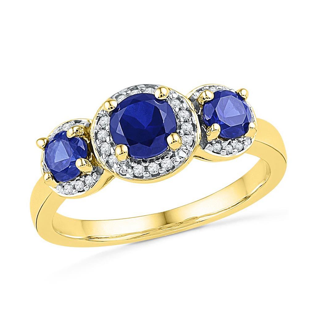 Image of ID 1 10k Yellow Gold Round Created Blue Sapphire 3-stone Diamond Ring 1-3/8 Cttw