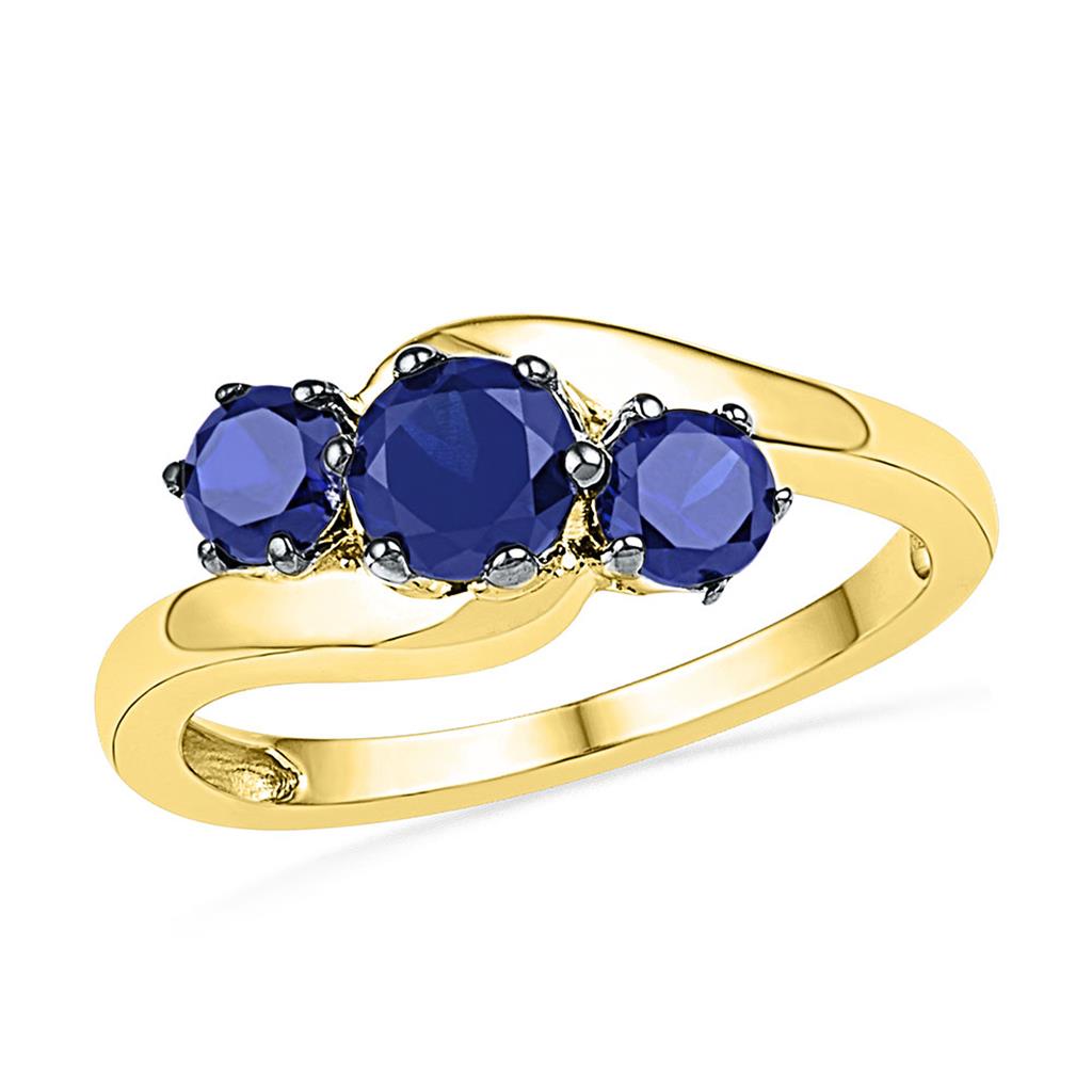Image of ID 1 10k Yellow Gold Round Created Blue Sapphire 3-stone Ring 1-1/2 Cttw