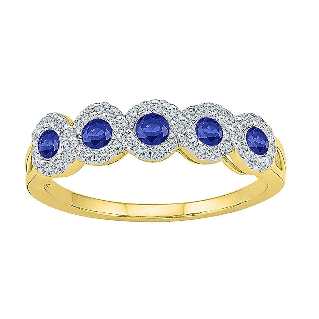 Image of ID 1 10k Yellow Gold Round Created Blue Sapphire Band Ring 1/2 Cttw