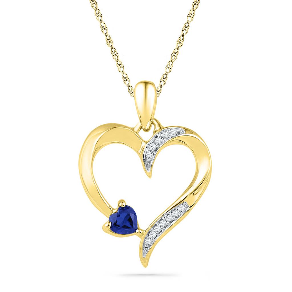 Image of ID 1 10k Yellow Gold Round Created Blue Sapphire Heart Pendant 1/20 Cttw