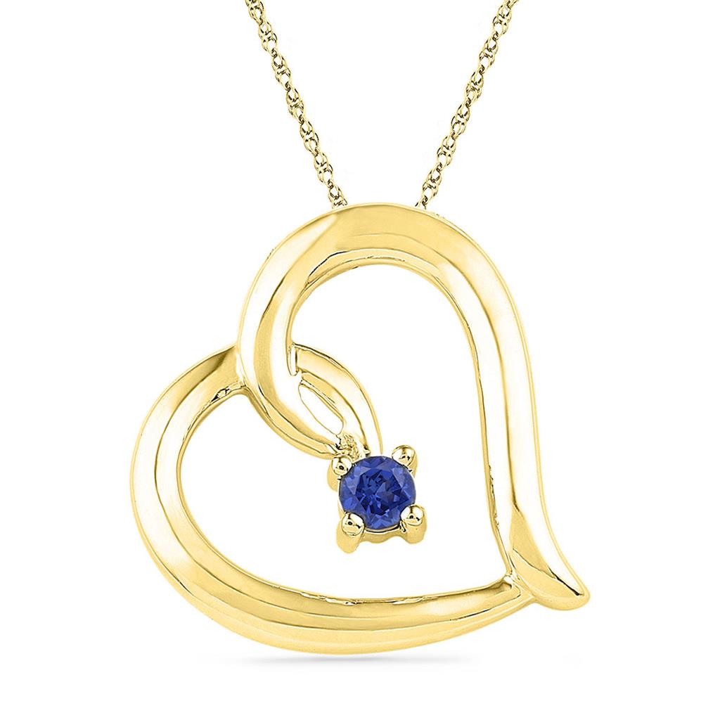 Image of ID 1 10k Yellow Gold Round Created Blue Sapphire Heart Pendant 1/8 Cttw