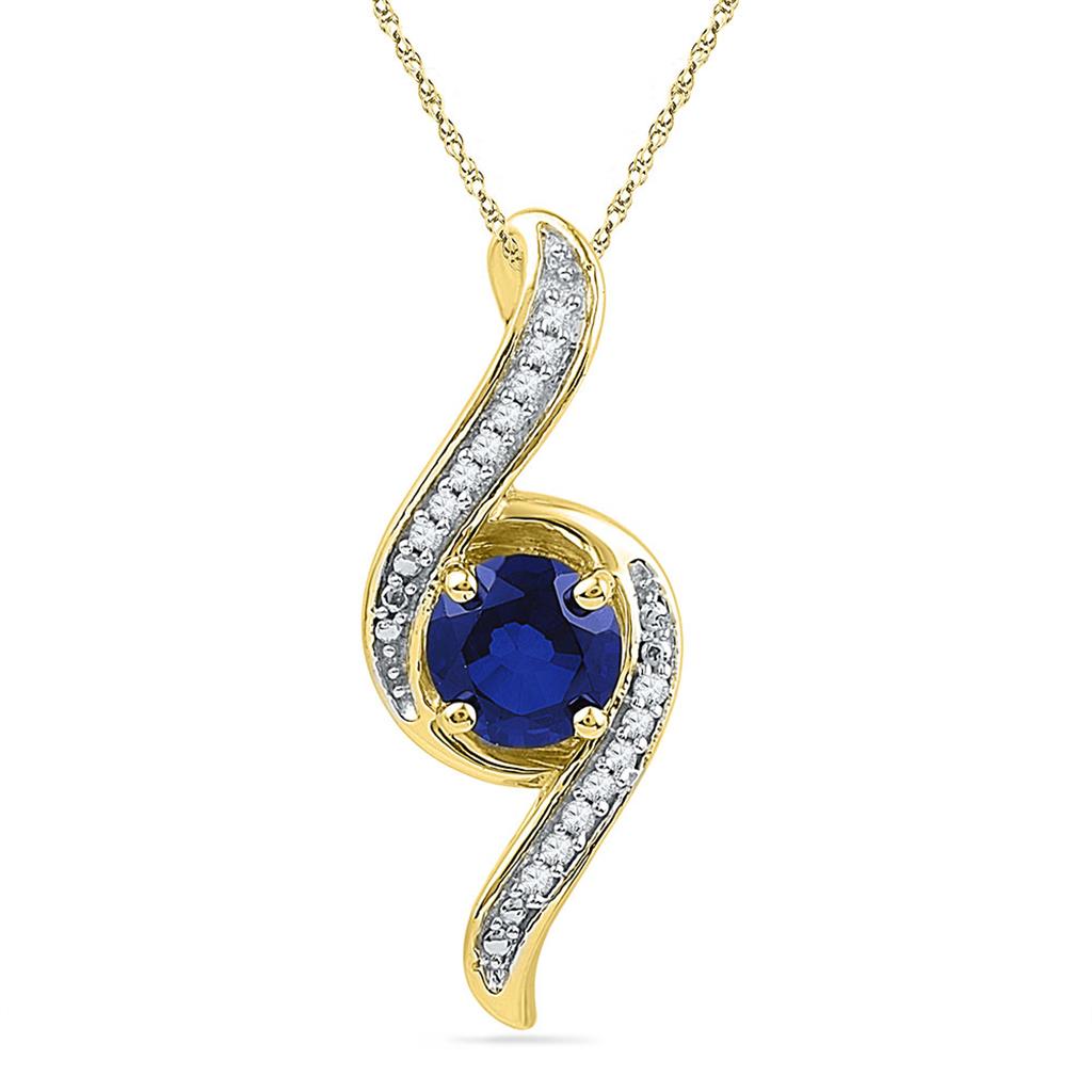 Image of ID 1 10k Yellow Gold Round Created Blue Sapphire Solitaire Diamond Pendant 1 Cttw