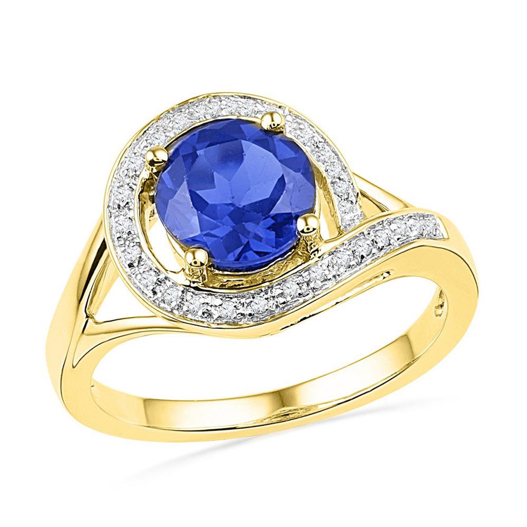 Image of ID 1 10k Yellow Gold Round Created Blue Sapphire Solitaire Diamond Ring 1-7/8 Cttw