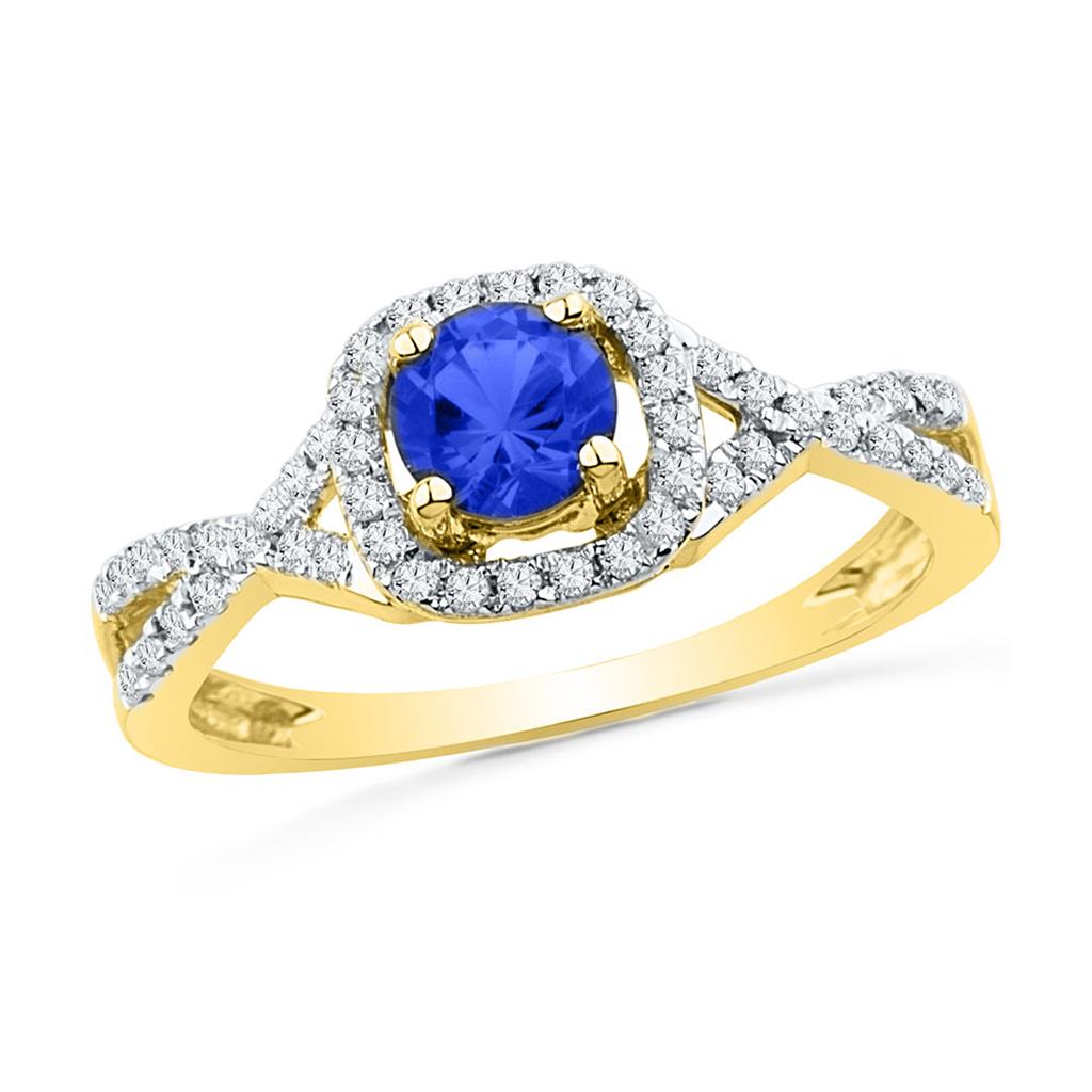 Image of ID 1 10k Yellow Gold Round Created Blue Sapphire Solitaire Diamond Ring 1/5 Cttw