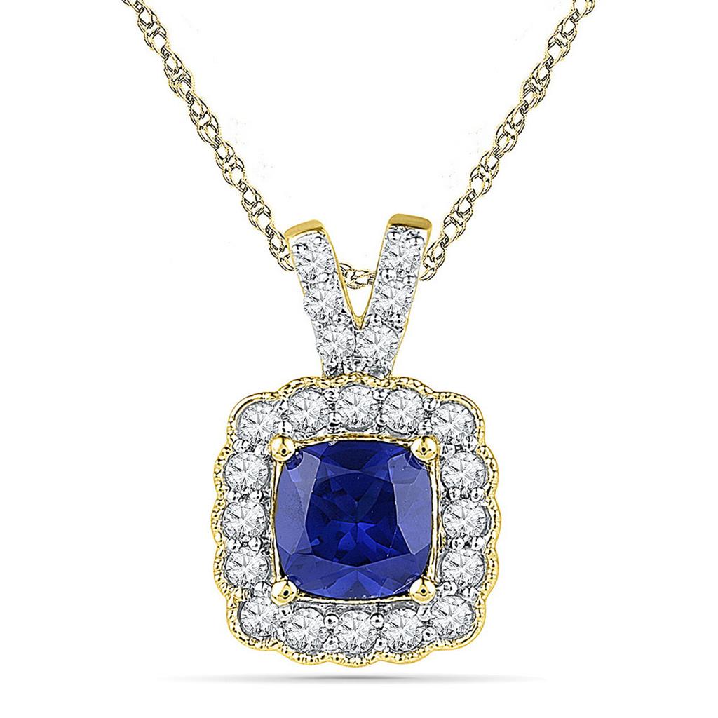 Image of ID 1 10k Yellow Gold Round Created Blue Sapphire Solitaire Pendant 3-1/2 Cttw