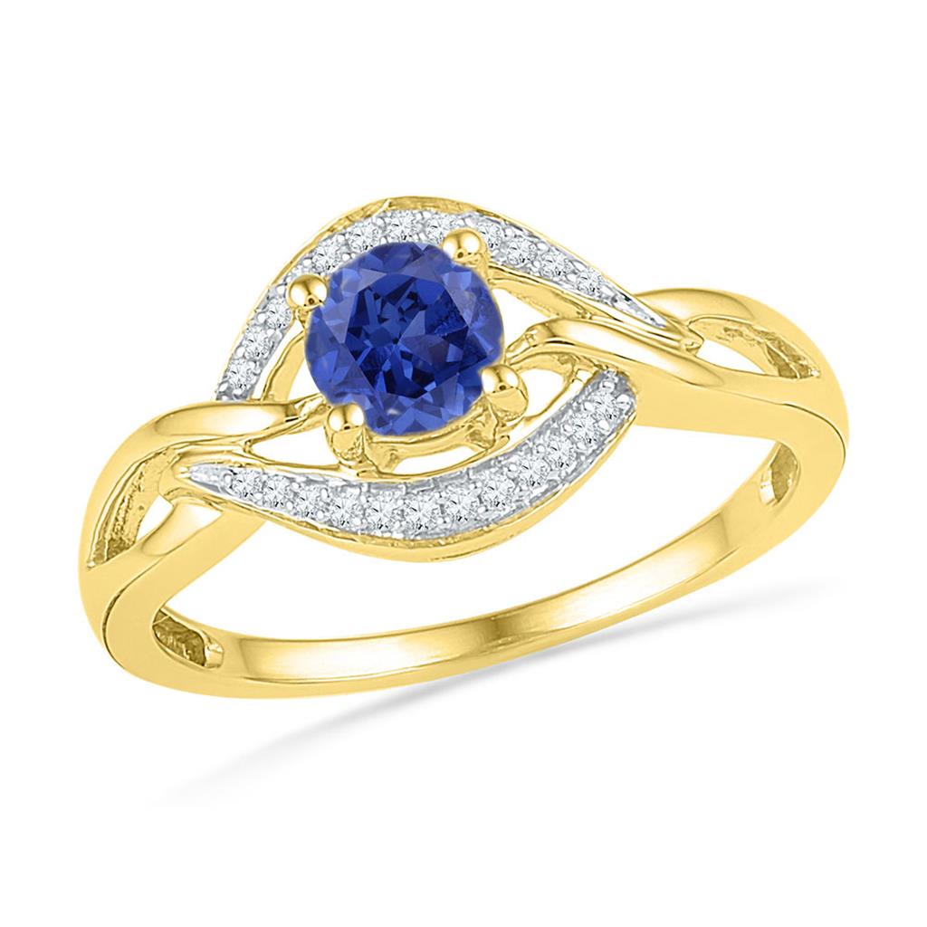 Image of ID 1 10k Yellow Gold Round Created Blue Sapphire Solitaire Woven Ring 5/8 Cttw