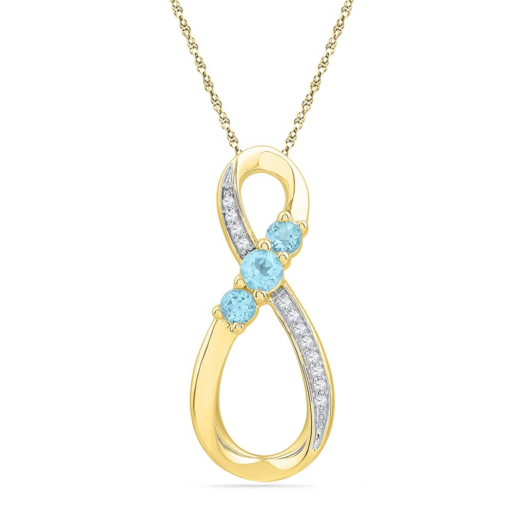 Image of ID 1 10k Yellow Gold Round Created Blue Topaz 3-Stone Infinity Pendant 1/5 Cttw