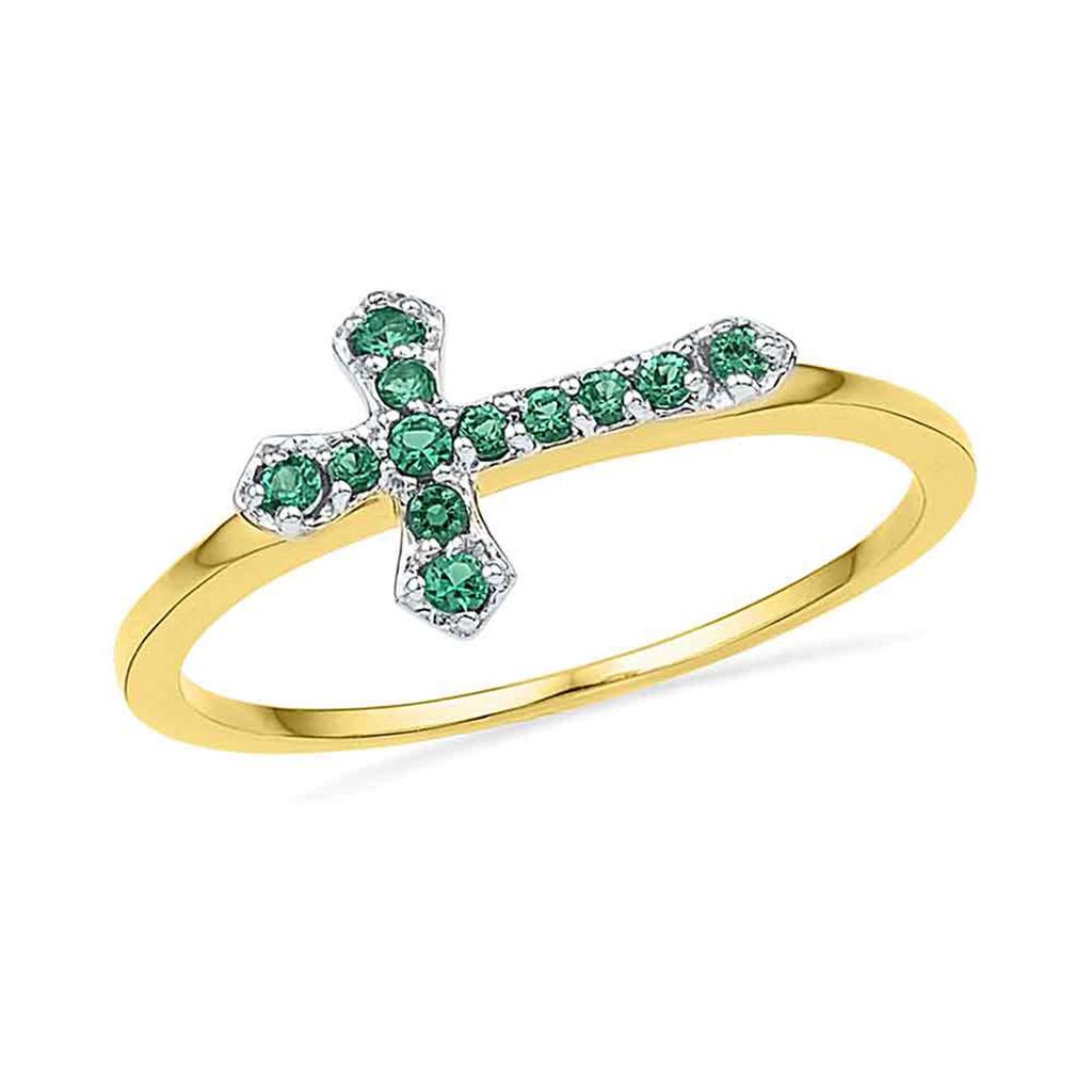 Image of ID 1 10k Yellow Gold Round Created Emerald Cross Band Ring 1/8 Cttw