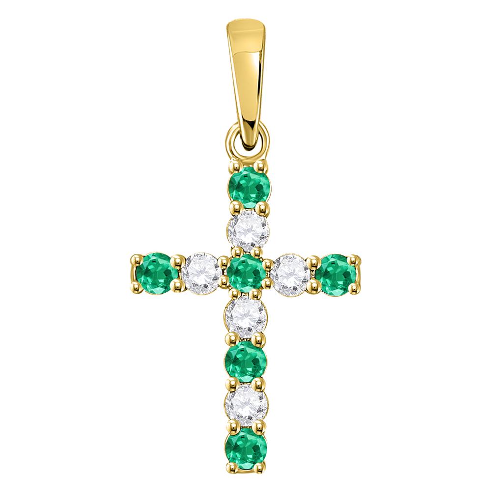 Image of ID 1 10k Yellow Gold Round Created Emerald Cross Pendant 1/3 Cttw